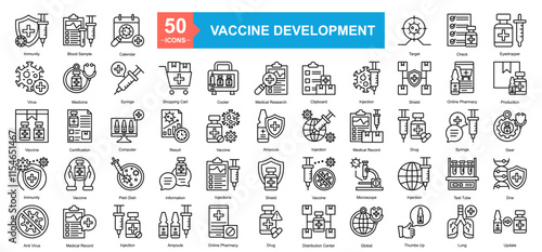 Vaccine Development Icon Sheet Anti Virus, Medical Record, Injection, Ampoule, Online Pharmacy, Drug, Distribution Center, Global, Thumbs Up, Lung, Immunity, Vaccine, Immunity, Petri Dish, Information