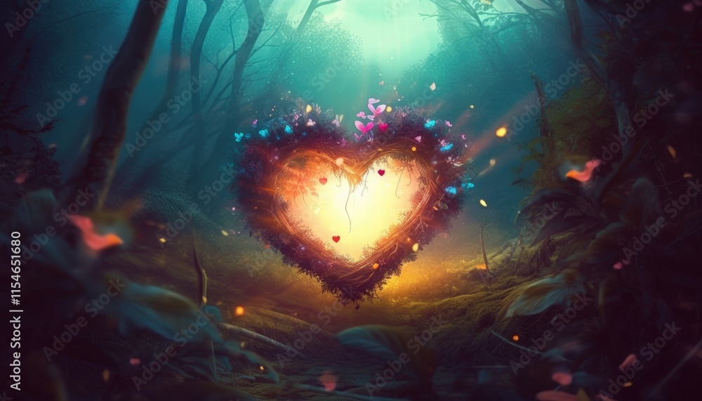Obraz premium Enchanted Forest with a Heart-Shaped Light Source Surrounded by Colorful Butterflies and Natural Elements