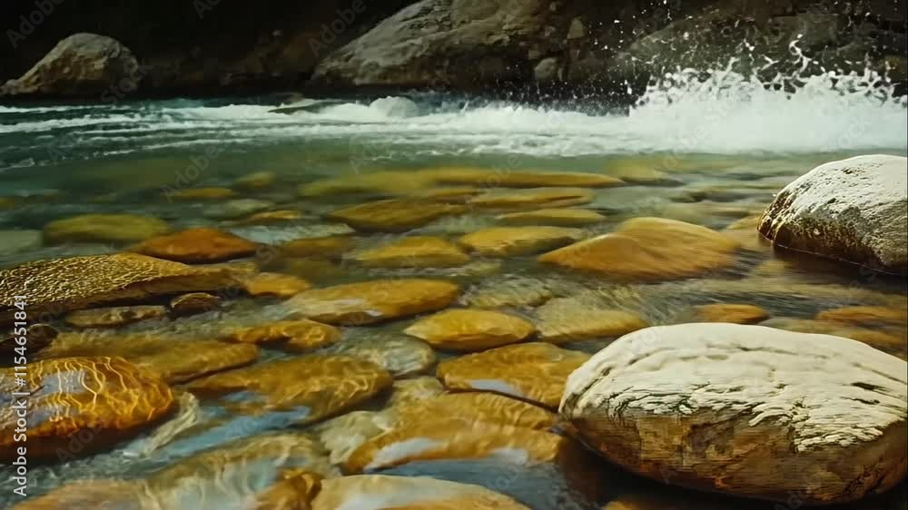 Clear stream water flows over smooth river rocks. Animation looping video background. Generated with AI
Clear stream water flows over smooth river rocks. Animation looping video background. Generated with AI