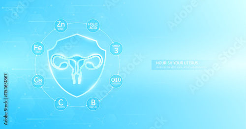 Shield healthy uterus build immunity with Coenzyme Q10 Folic acid Vitamins complex and Minerals calcium iron zinc surrounded. Nourish by medical health care supplements. Banner vector.