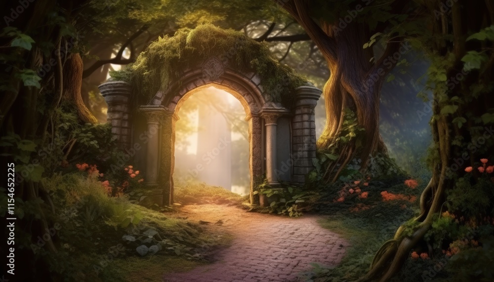 Fototapeta premium Enchanted Archway Surrounded by Lush Greenery and Vibrant Flora in a Mystical Fairy Landscape