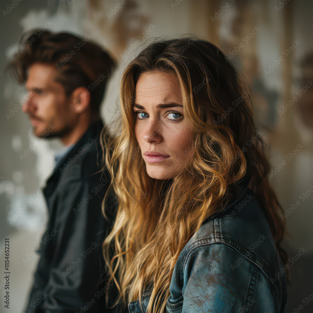 Portrait of a couple, women looking uneasy or stressed Portrait of a couple, women looking uneasy or stressed