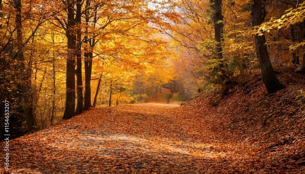 Fototapeta premium Golden Autumn Forest Path, Fall Foliage - Autumnal imagery