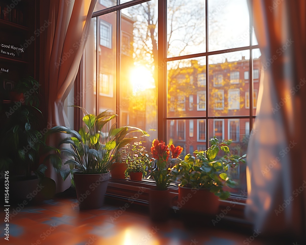 Sunset view through window with potted plants. Sunset view through window with potted plants.
