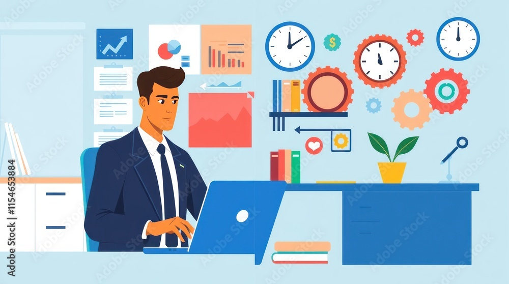 A businessman working at a desk with charts, clocks, and gears in a modern office setting. A businessman working at a desk with charts, clocks, and gears in a modern office setting.