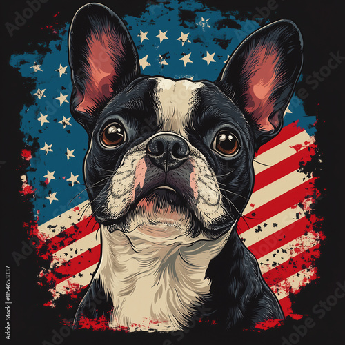 Patriotic boston terrier dog with a distressed american flag in the back illustration photo