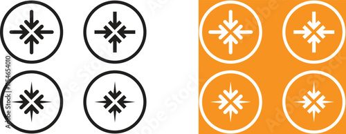 Quadro collide arrows icon. Four circular icons with centered directional symbols.