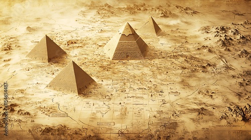 Ancient pyramids on desert landscape map.