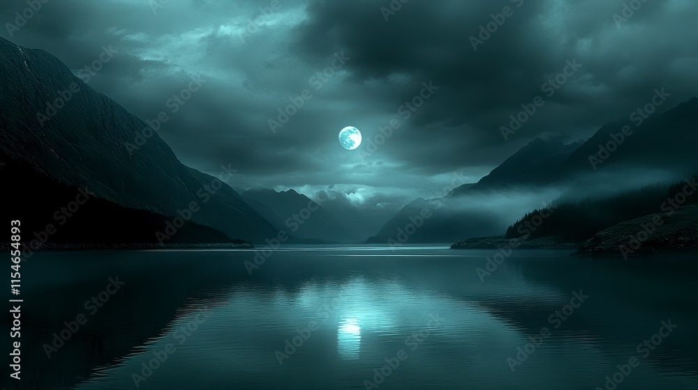 Naklejka premium Full moon reflecting on a serene, misty lake surrounded by dark mountains at night.