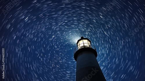 Lighthouse under star trails at night. Animation looping video background. Generated with AI
