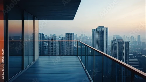 Modern city skyline viewed from a skyscraper balcony at sunset. Animation looping video background. Generated with AI

