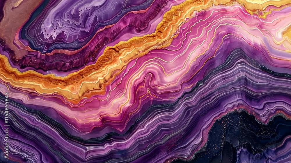 The captivating surface displays layers of agate with rich purples, deep blacks, and shimmering golds. This striking natural design showcases the beauty of geological formations