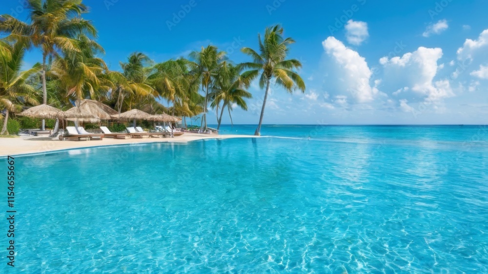 Tropical Paradise: Beautiful resort with palm trees, crystal clear pool, and ocean view creates serene and tropical atmosphere. Tropical Paradise: Beautiful resort with palm trees, crystal clear pool, and ocean view creates serene and tropical atmosphere.