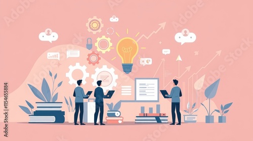 Illustration of teamwork in technology and innovation with graphs and gears.