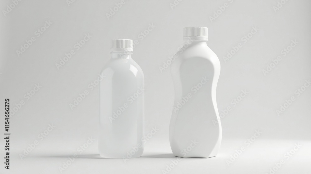 Two Blank White Plastic Bottles on a White Background, Ideal for Mockups and Branding Designs Two Blank White Plastic Bottles on a White Background, Ideal for Mockups and Branding Designs
