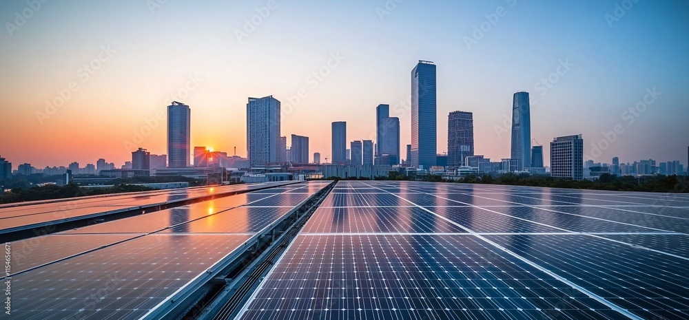 Fototapeta premium Urban skyline at sunset with solar panels in the foreground.