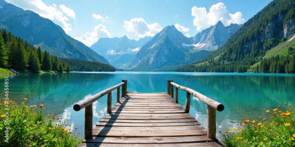 Serene Mountain Lake Vista Wooden Dock Leading to Tranquil Waters Surrounded by Lush Greenery and Majestic Peaks