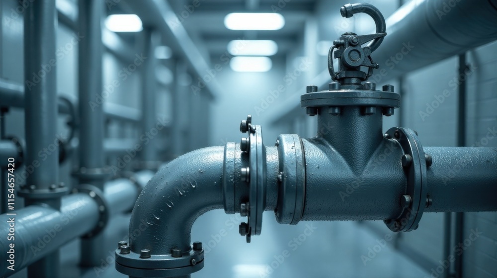 Fototapeta premium Industrial Piping System Close-up View of a Valve and Flange Connection in a Modern Facility