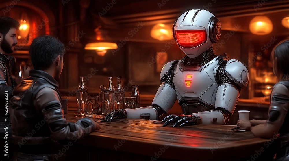 Robot bartender serves drinks to patrons in a dimly lit bar. Robot bartender serves drinks to patrons in a dimly lit bar.