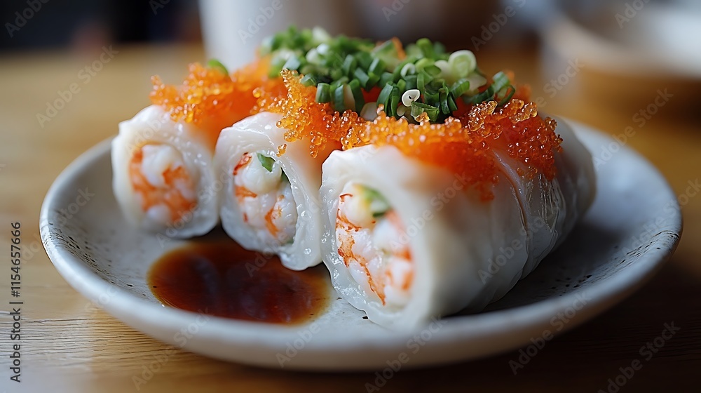 Three shrimp spring rolls topped with fish roe and scallions, served with soy sauce. Three shrimp spring rolls topped with fish roe and scallions, served with soy sauce.