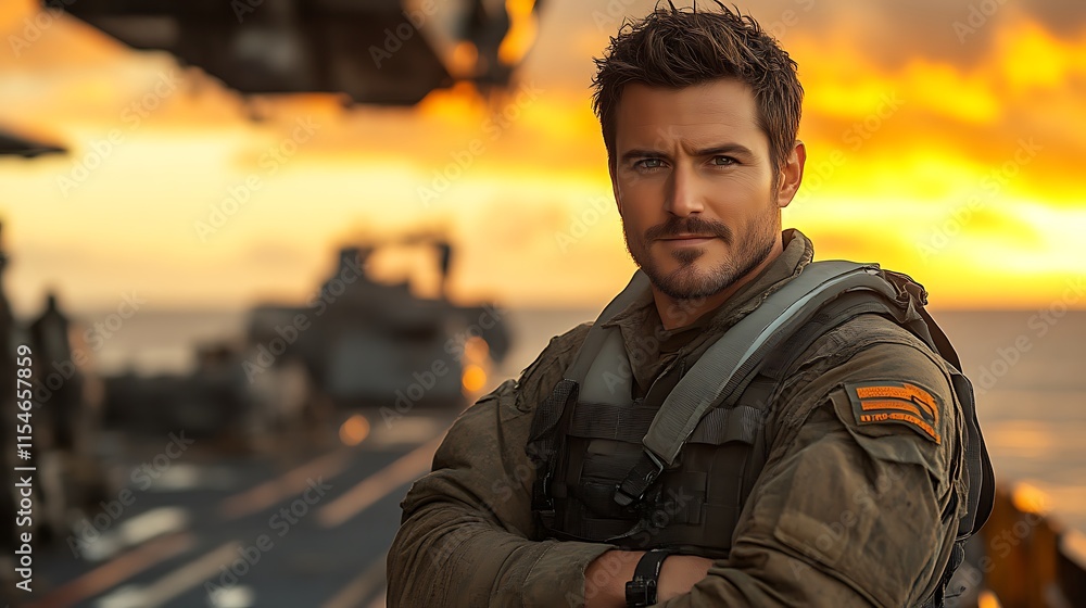 Fototapeta premium A soldier stands at sunset on a naval ship