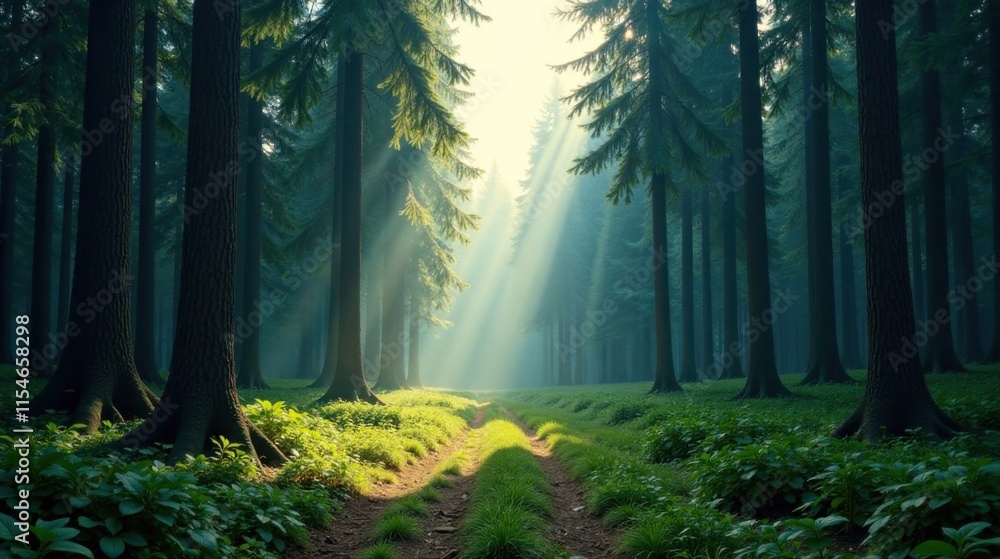 Obraz premium Sunbeams Illuminate a Mystical Forest Path Through Tall Evergreens and Lush Undergrowth