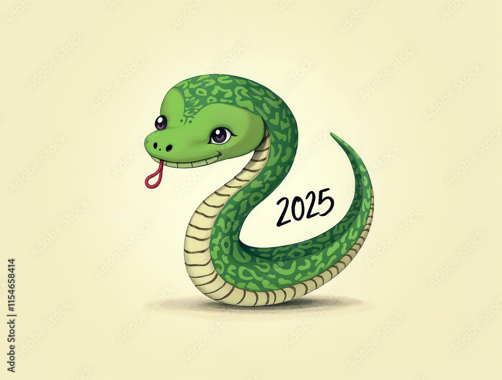 Naklejka premium calendar cover with cute green drawn snake with the text 2025