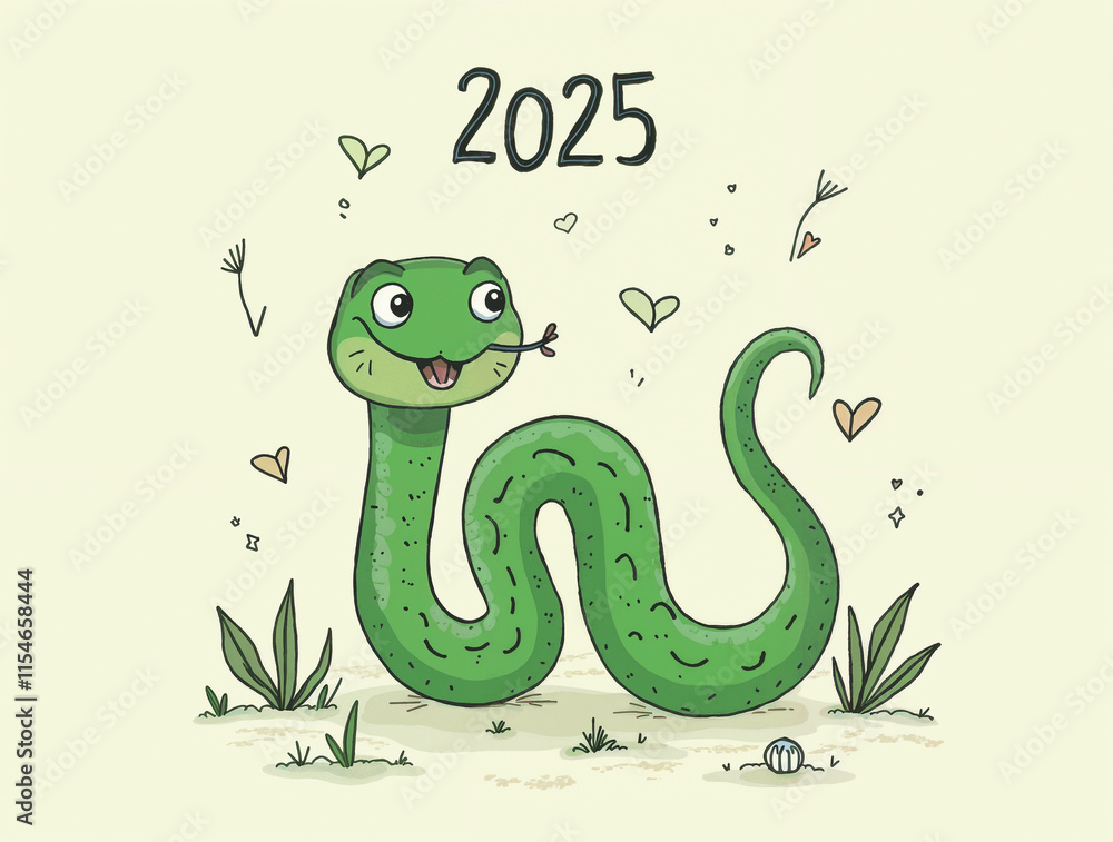 Naklejka premium calendar cover with cute green drawn snake with the text 2025