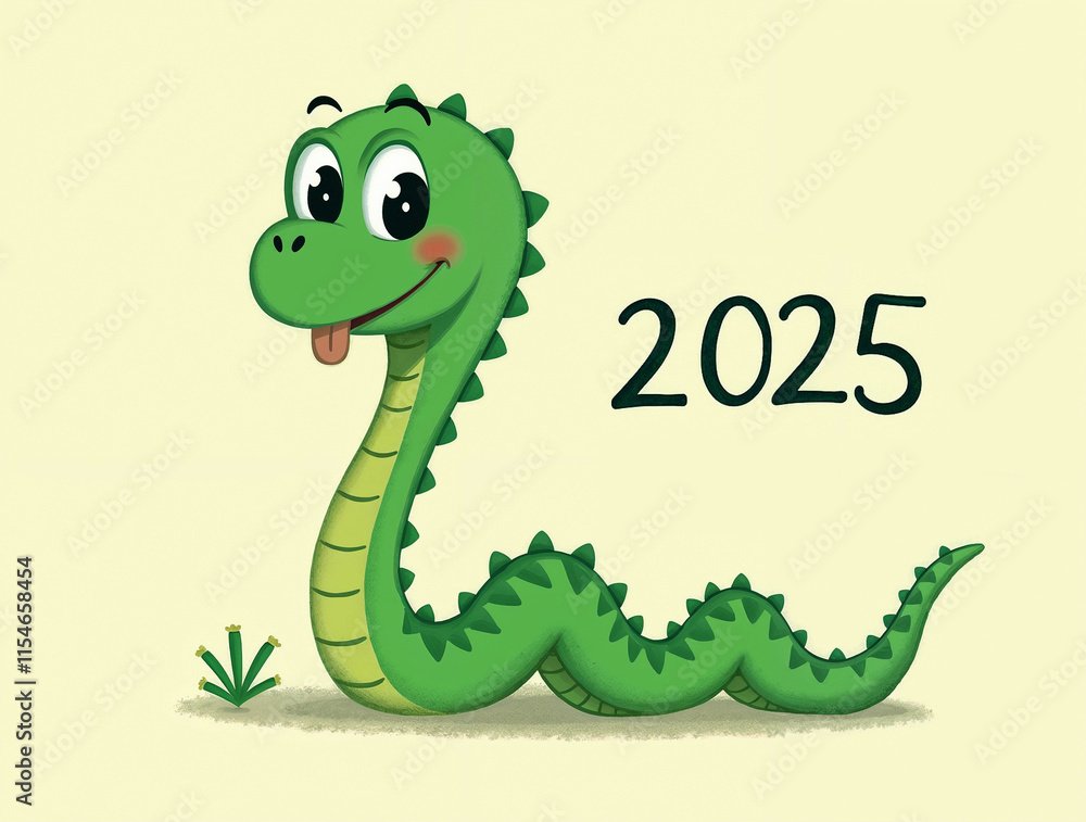 Fototapeta premium calendar cover with cute green drawn snake with the text 2025