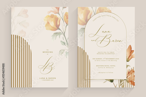 Aesthetic Wedding Invitation Template with Brown Flower Watercolor