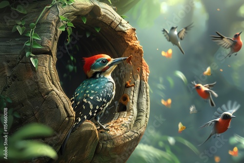 Colorful woodpecker in tree hollow, surrounded by flying birds.
