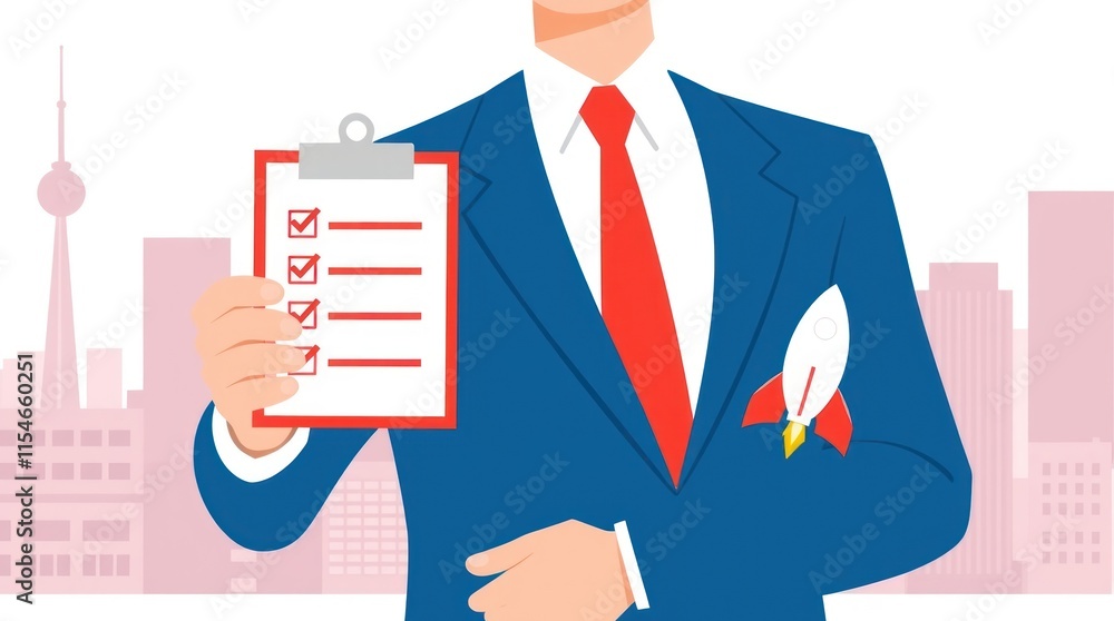 A businessman holds a checklist with a rocket icon, symbolizing growth and success. A businessman holds a checklist with a rocket icon, symbolizing growth and success.