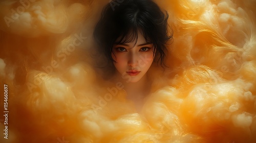 Woman with dark hair submerged in yellow smoke.
