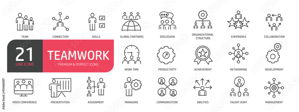 Set of line icons related to teamwork, networking, management, organization. Outline icons collection. Editable stroke. Vector illustration. Set of line icons related to teamwork, networking, management, organization. Outline icons collection. Editable stroke. Vector illustration.