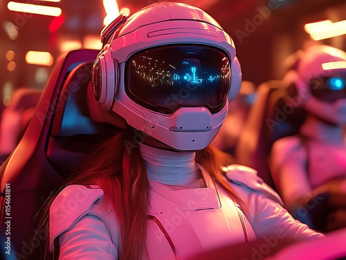 Woman in futuristic helmet gaming. photo