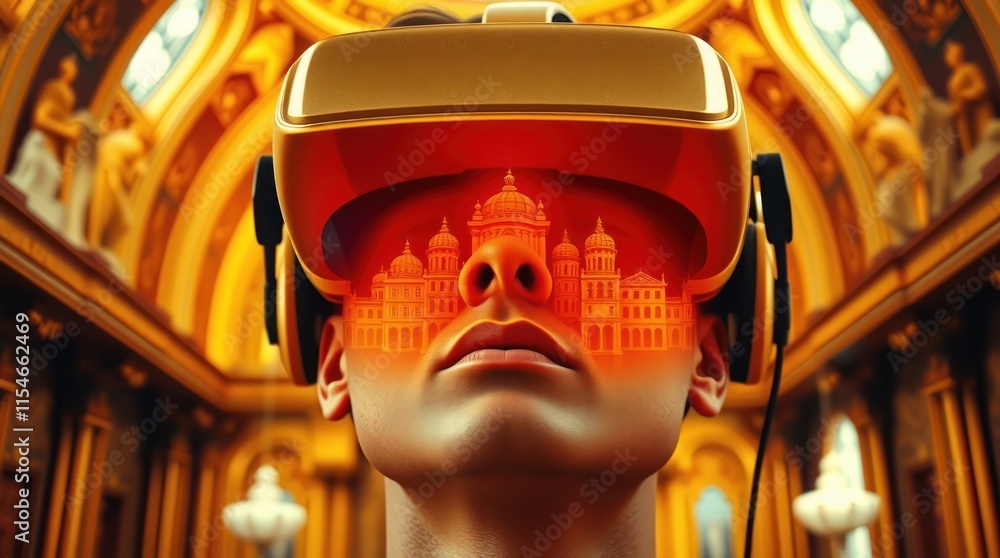Fototapeta premium A person wearing a VR headset, immersed in a virtual architectural experience.