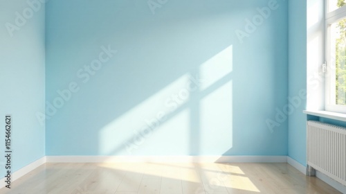 Wallpaper Mural Empty Room Corner with Light Streaming Through Window, Pastel Blue Walls and Light Wood Floor Torontodigital.ca