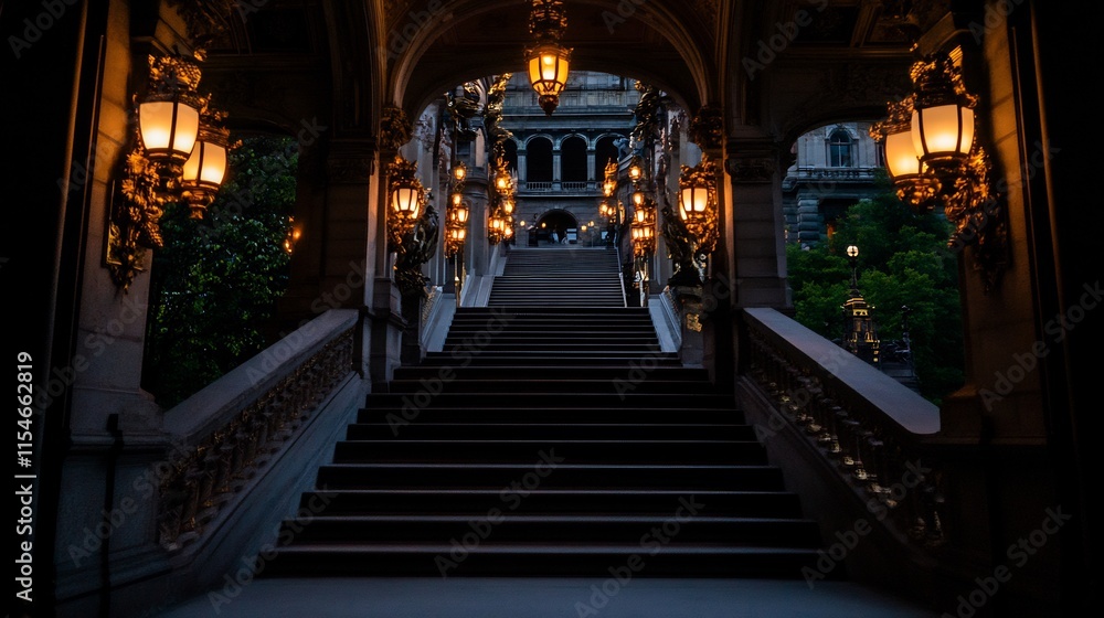 Fototapeta premium Grand Staircase at Dusk: Illuminated Pathway to Opulence