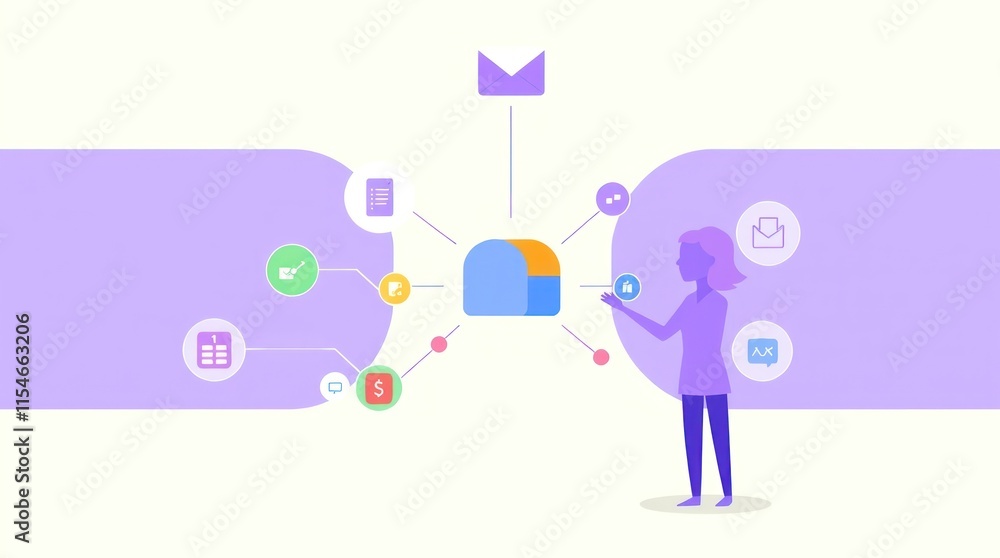 A graphic illustration showing a person interacting with various digital communication icons. A graphic illustration showing a person interacting with various digital communication icons.