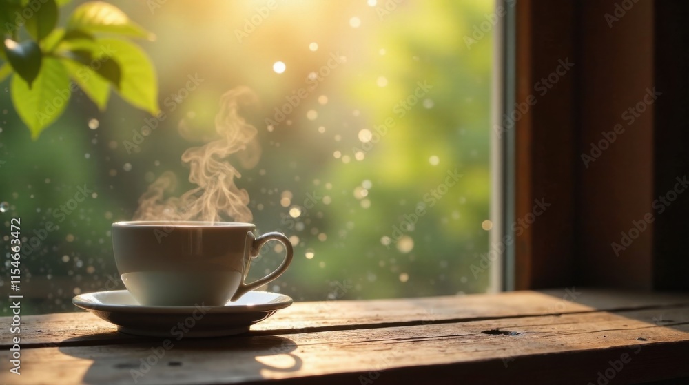 Aromatic Steam Rising from a Warm Mug Placed on Rustic Wood near a Window with a Blurred, Lush Green Garden View in Soft Sunlight Aromatic Steam Rising from a Warm Mug Placed on Rustic Wood near a Window with a Blurred, Lush Green Garden View in Soft Sunlight