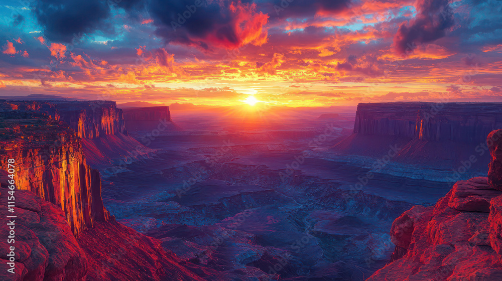 Fototapeta premium A stunning view of a canyon at sunset, with vibrant colors illuminating the rock formations,