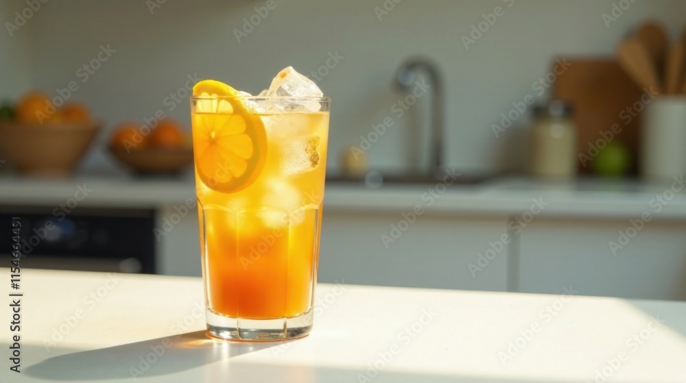 Refreshing Iced Citrus Beverage in a Tall Glass on a Kitchen Counter Refreshing Iced Citrus Beverage in a Tall Glass on a Kitchen Counter