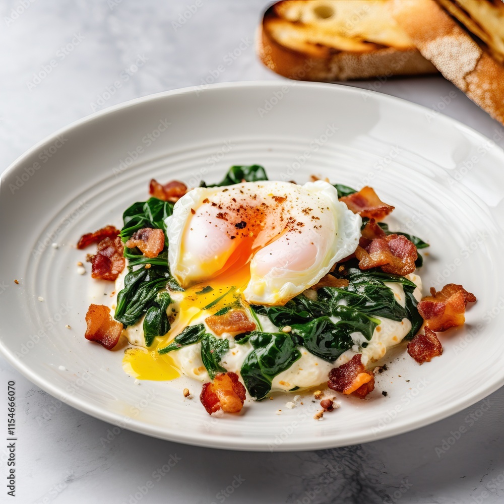 Closeup egg with bacon, goats' cheese and spinach on white plate, blurred background, space for text Closeup egg with bacon, goats' cheese and spinach on white plate, blurred background, space for text