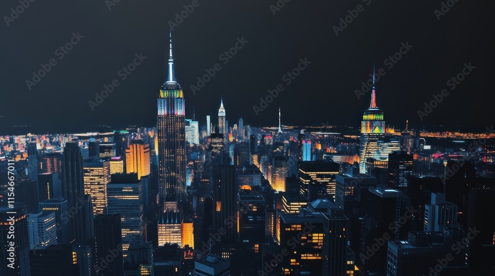 Obraz premium Night skyline of a city featuring illuminated skyscrapers and iconic towers.