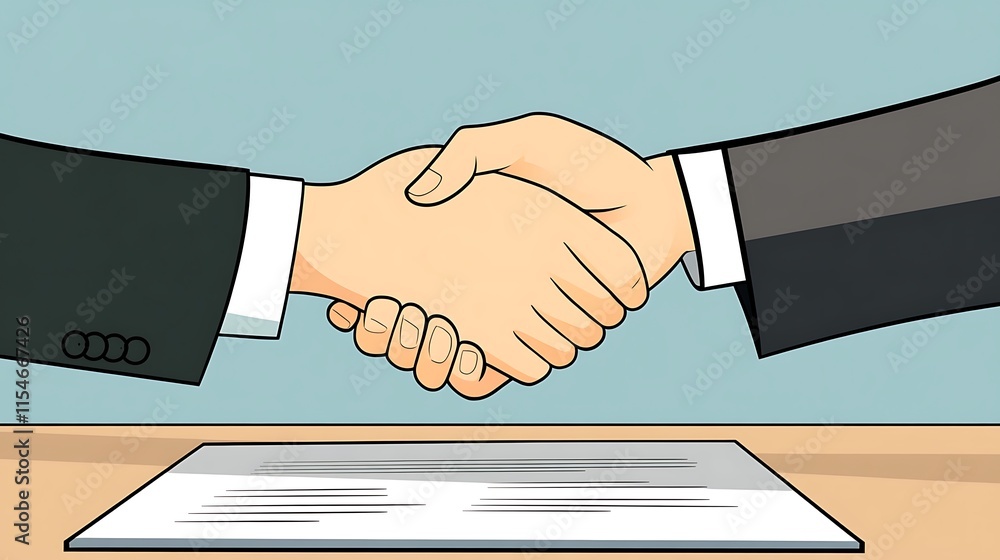 12. Two people smiling and shaking hands after reviewing and signing a business contract 12. Two people smiling and shaking hands after reviewing and signing a business contract