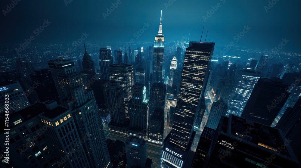 Fototapeta premium Aerial view of a city skyline at night, showcasing illuminated skyscrapers and urban landscape.