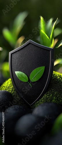 A sleek black shield with green leaves symbolizing eco-friendliness and sustainability. photo