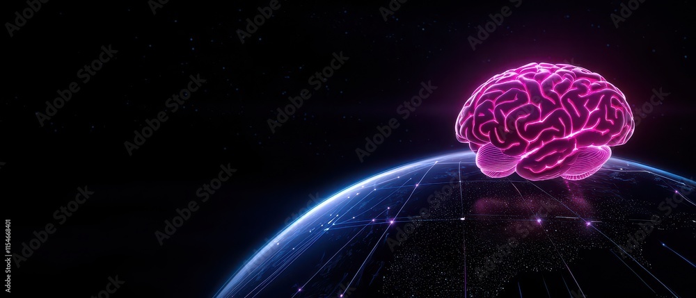 Fototapeta premium A vibrant digital brain floating above a futuristic globe representing technology and knowledge.