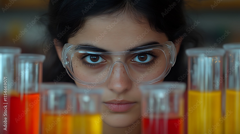 Focused scientist examining colorful liquids in test tubes. Focused scientist examining colorful liquids in test tubes.