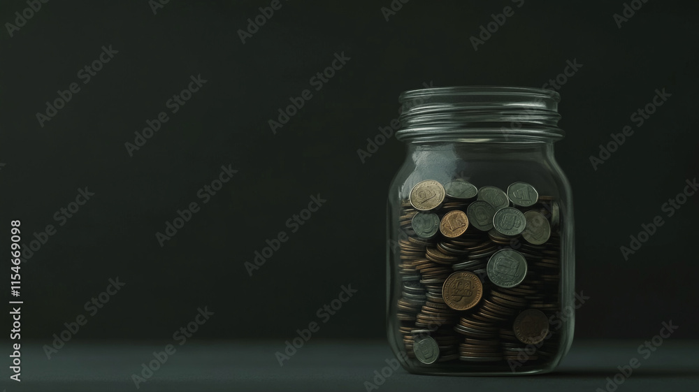 Glass jar filled with assorted coins on dark background. 